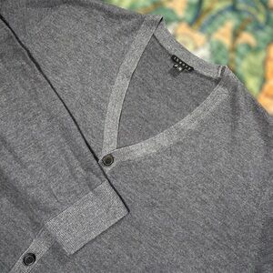 Theory Cardigan Sweater Merino Wool Lightweight Knit Gray Button V Neck Preppy